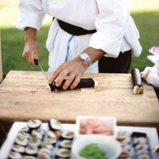 One of the most exciting parts of planning your menu is that you get to do just that—pick every dish you'll serve. Make an impression with a menu that includes unexpected twists on classic fare, like fruit "sushi" rolls with sticky rice, or savory cupcakes with melted cheese "frosting." You can also play with serving styles, offering guests no-fork-needed appetizers on edible spoons or crispy mini cones stuffed with seafood ceviche.