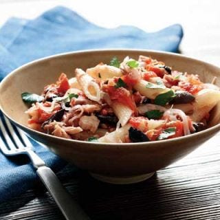 <p>Common kitchen staples take on a Mediterranean flair when tossed together in this penne with tuna, plum tomatoes, and black olives.
<br />
<br />
Adapted from The Pleasures of Cooking for One, by Judith Jones, copyright© 2009, with permission from the publisher, Alfred A. Knopf, a division of Random House, Inc.</p><br /><p><b>Recipe:</b> <a href="/recipefinder/penne-tuna-plum-tomatoes-black-olives-recipe" target="_blank"><b>Penne with Tuna, Plum Tomatoes, and Black Olives</b></a></p>