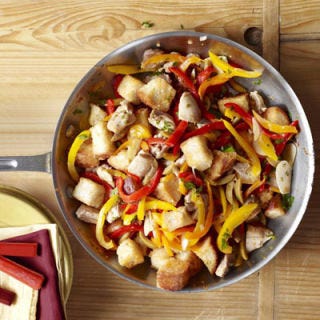 <p>With just a few rustic, rich-tasting add-ins — sherry, slivers of green olive, comforting cubes of bread — chicken thighs gain savory Spanish flavor.</p><br />
<p><b>Recipe: </b><a href="/recipefinder/chicken-olives-peppers-recipe-ghk0910" target="_blank"><b>Chicken with Olives and Peppers</b></a></p>