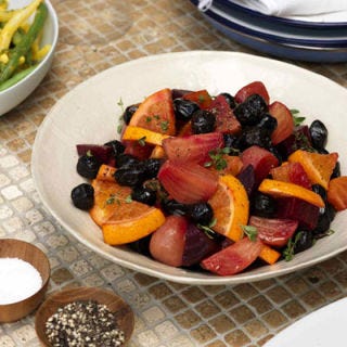 <p>This Greek side-dish salad is both tangy and sweet, pairing roasted beets, black olives, and oranges.</p>
<br />
<p><b>Recipe:</b> <a href="/recipefinder/beet-olive-salad-orange-mint-recipe-rbk0610?click=recipe_sr" target="_blank"><b>Roasted Beet and Olive Salad with Orange and Mint</b></a></p>