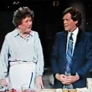 1987: Prepared Raw Beef for David Letterman <p>Julia brought her cooking equipment and a supply of ground beef to prepare a hamburger on <i>Late Night with David Letterman</i>. She revealed that the meat was leftover from her segment on <i>Good Morning America</i>. Letterman chatted with Julia as she set up her station, asking if she ever cooked anything that was awful, to which she replied, "Yes." Letterman followed up with "and what do you do with it?" Without skipping a beat she replied, "I give it to my husband." Of course the audience roared with laughter to her most honest answer. Whether a set-up or another actual incident of a failed recipe, the burger meant for Letterman failed miserably, which he blamed on the pan on loan from <i>Good Morning America</i>. Julia, who always had a backup in mind, turned the meat into a raw beef tartar, which Letterman refused to eat.</p>
