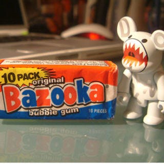 Quando it comes to Bazooka, it's all about the packaging. First marketed after World War II, the chewing gum featured a patriotic red, white, and blue color scheme. But even more unforgettably, each wrapper includes a small comic strip featuring the always-eyepatched Bazooka Joe.