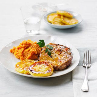 grilled pork with glazed apples and yam mash