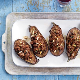 <p>This cinnamon-scented recipe is Yotam Ottolenghi and Rami Tamimi's take on a dish made by Elran Shrefler at Azura Restaurant. </p><p><b>Recipe:</b> <a href="/recipefinder/stuffed-eggplant-lamb-pine-nuts-recipe-fw0912 "><b>Stuffed Eggplant with Lamb and Pine Nuts </b></a></p>