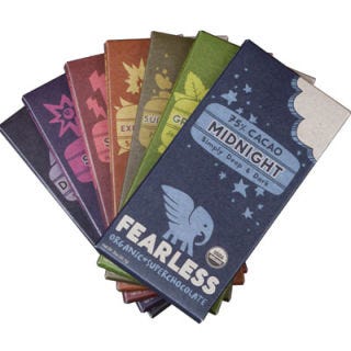<p>Founder, Jordan Michael Schuster, speaks with fiery conviction about the story-telling possibilities of chocolate and after tasting one of his unique bars, so will you. The Brazilian farmers with whom he works have found a way to grow cocoa without pesticides, potentially profitizing rainforests and saving them from deforestation. Fearless Chocolate even donates 1% of annual profits to "changemakers" nominated by their customers. Sounds like the perfect excuse to savor and share some superfood-inspired chocolate! Find out more about their impact <a href="http://www.fearlesschocolate.com/about-us/" target="_blank">here</a>.</p>
<br />
<p>Fearless Chocolate box of all 7 flavors ($37.74, <a href="http://www.fearlesschocolate.com/shop/" target="_blank">fearlesschocolate.com</a>)</p>