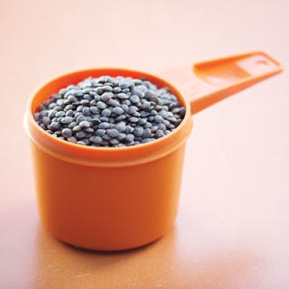 From the Le Puy district in southern France, these tiny dark gray-green lentils are delicious and very expensive. Local versions are available, sold under the name of French green or bondi lentils.