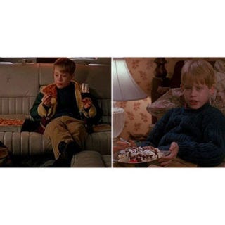 Alone again for the holidays, Kevin decides to make full use of his parents' cash by ordering pizza in a limo, including Coke in a Champagne flute, as well as an all-you-can-eat ice-cream sundae bar. When the server asks, "Two scoops, sir?" Kevin curtly replies, "Two? Make it three! I'm not driving!"