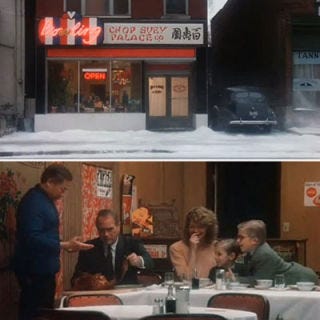 When the turkey becomes dinner for the dogs, Ralphie's family must resort to Chinese duck for their Christmas feast. While the whole family is in a giggling fit over the fact that the entire duck is served, head and all, the Old Man is less amused. He tells the Chinese waiter, "Yes, it's a beautiful duck. Yes, it really is. It's, uh . . . but you see, it's smiling at me." And before he has time to finish explaining himself, the waiter has grabbed a cleaver and swiftly chopped the neck off. 