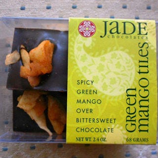 Beyond berries and citrus fruits, chocolate makers are expanding traditional pairings to dip chocolate in exotic fruit, like <a href="http://www.jadechocolates.com/dippedfruits" target="_blank"> Jade Chocolates Spicy Green Mango Tiles</a> ($6). We're also loving chocolate-dipped, paper-thin slices of <a href="http://www.recchiuti.com/106.html?area=00" target="_blank"> Recchiuti Key Lime Pears</a> ($23).