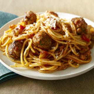 <p>Good ol' spaghetti and meatballs: Our version of this fave from Macaroni Grill will satisfy your primal need for pasta, with about half the calories.</p><p><b>Recipe:</b> <a href="/recipefinder/ healthier-spaghetti-meatballs-recipe-rbk0312" target="_blank"><b>Healthier Spaghetti and Meatballs</b></a></p>