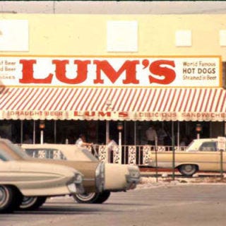 <p>This chain of hot dog stands was founded in Miami Beach in 1956 by the Pearlman family, and at its peak there were more than 400 locations nationwide. The South Florida fixture, whose trademark was hot dogs steamed in beer, was so successful, in fact, that the company went public and bought Caesars Palace in Las Vegas in 1969. The chain was purchased by Wienerwald in 1978, but overextended itself and filed for bankruptcy a few years later. Today there's only one Lum's left, in Bellevue, Neb.</p>