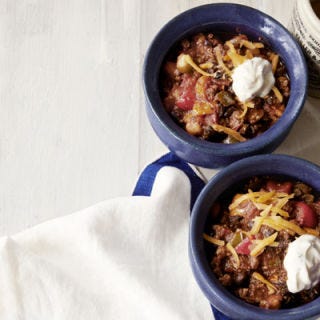 <p>Chili's a hearty dish, but you're still always going to make room for a generous hunk of fresh cornbread. Whether you refer meat-packed or vegetarian chili, the key is the spice. The secret to this chili with a kick is a generous helping of bourbon and a sprinkle of lemon zest in the sour cream for a fresh, finishing flavor.</p>
<p><strong>Recipe: <a href="http://gogonow.org/recipefinder/brians-bourbon-chili-recipe-clv1012%22 target="_blank">Brian's Bourbon Chili</a></strong> (pictured), <strong><a href="http://gogonow.org/recipefinder/three-chile-beef-chili-recipe-fw1013%22 target="_blank">Three-Chile Beef Chili</a>, <a href="http://gogonow.org/recipefinder/two-bean-harvest-chili-recipe-ghk0912%22 target="_blank">Two-Bean Harvest Chili</a></strong></p>