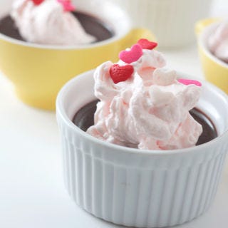 <p>There's no blending, no straining, and no skimming either with these heart-adorned pots de crème. Insider tip: Skip the vanilla and instead add 1 Tbsp of hard liquor and pinch of kosher salt for an extra treat.</p>
<p>Get the recipe at <a href="http://thealisonshow.com/2013/01/no-bake-pots-de-creme-with-fresh-raspberry-whipped-cream.html" target="_blank">The Alison Show</a>.</p>