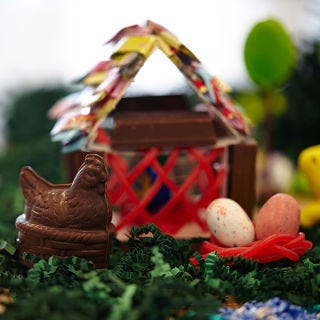 <p>Niagara chickens and marshmallow Peeps share their Twizzlers-woven chicken coop as they peacefully lay their Cadbury and Whoppers eggs.</p>