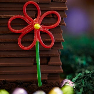 <p>Of course, not all gardening is done for sustenance here. The bunnies and chicks love having a garden full of towering Twizzler and SweetWorks Pearl flowers surrounding the Kit Kat log cabin. With plenty of tending and a healthy dose of Oreo dirt, they soar out of their Niagara chocolate-egg lined flower bed.</p>