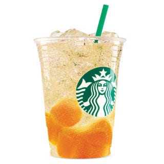 The Starbucks Lemon Ginger with Mango Jelly sparkling beverage is made with fruits and spices to create a light, citrus flavor with notes of ginger and rosemary paired with rich mango jelly.