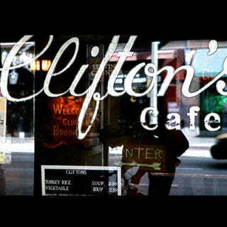 Clifton's Cafeteria <p><b>Date Opened:</b> 1935</p>
<p><b>Location:</b> Los Angeles, CA</p>
<p>In homage to the Santa Cruz Mountains, where owner Clifford Clinton spent his boyhood summers, Clifton's "Brookdale" boasts a 20-foot waterfall, a meandering stream, and a massive forest mural. The restaurant abides by a two-pronged principle of generosity: Clifton's serves 100 freshly prepared menu items. And the restaurant operates by the Golden Rule — "Treat others how you'd like to be treated" — offering a pay-as-you-can policy during the Depression and a dine-free-unless-delighted credo that persists to this day.</p>