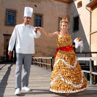 <b>Creator:</b> Ukrainian pastry chef <a href="http://www.bing.com/search?q=Valentyn+Shtefano&go=&qs=n&sk=&sc=1-17&form=delish" target="_blank">Valentyn Shtefano</a><br /><b>Delicious Details:</b> Can you have your <a href="http://www.bing.com/search?q=croquembouche&qs=n&sk=&sc=8-13&form=delish" target="_blank">croquembouche</a> and wear it too? More than two months and 1,500 cream puffs later, Shtefano's wife had a wedding dress made completely out of cream puffs — and it only weighed 20 pounds. <br /><br /><b>Bing:</b> <a href="http://www.bing.com/videos/search?q=cream+puff+recipe+filterui%3amsite-msn.com&view=detail&mid=473C21781D5D6CF301C9473C21781D5D6CF301C9&first=0&FORM=delish" target="_blank">Watch Martha Stewart whip up a batch</a> <br /><b>Find:</b> <a href="http://www.bing.com/images/search?q=herb+alpert+whipped+cream&qpvt=herb+alpert+whipped+cream&FORM=delish" target="_blank">A classic '60s album cover featured a whipped cream dress</a> <br /><br />Craving cream puffs? Try this recipe: <a href="/recipefinder/cream-puffs-dark-chocolate-sauce-ghk0108" target="_blank"><b>Cream Puffs with Dark Chocolate Sauce</b></a>