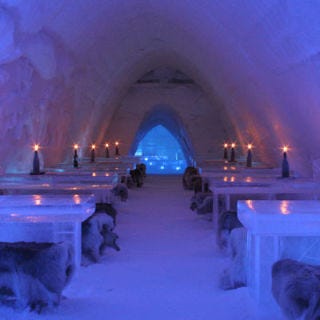 <p><b>Restaurant:</b> <a href="http://www.snowvillage.fi/" target="_blank">Laino Snow Village Ice Restaurant</a>, Ylläsjärvi, Finland</p>
<p><b>Culinary Concept:</b> Ikea meets igloo. Just north of the Arctic Circle the winters are cold enough to sustain Snow Village's Ice Restaurant for the season. Inside the 200-square-meter all-natural ice structure, diners sit on solid-ice chairs at solid-ice tables while savoring local fare like cream of Lappish potato soup with cold smoked salmon, tender reindeer, and game meatballs served with — what else? — vodka-lingonberry jelly.</p>