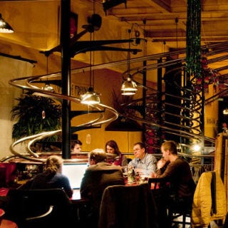<b>Restaurant</b>: <a href="http://www.sbaggers.de/main-ger/?sid=home=en" target="_blank">'s Baggers</a>, Nuremberg, Germany<br />
<b>Culinary Concept</b>: Roller-coaster service. At this futuristic eatery, the waitstaff is a thing of the past. Guests place their orders via a touch-screen computer at each table. When the food — which, according to the restaurant, is based primarily on local, organic ingredients and cooked with minimal fat — is ready, it zips to the table along a twisting track from the kitchen above.