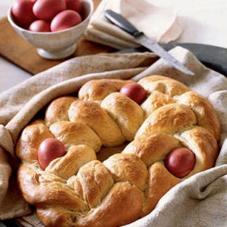 <p>Scarlet eggs tucked into its braided crown are hallmarks of tsoureki, classic Greek Easter bread.</p><br />
<p><b>Recipe: </b><a href="/recipefinder/tsoureki-3195" target="_blank"><b>Tsoureki</b></a></p>