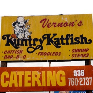 I-45, Texas <p><b>Pit Stop:</b> <a href="http://kuntrykatfish.com/" target="_blank">Vernon's Kuntry Katfish</a>, 5901 W. Davis, Conroe, TX, (409) 760-3386</p><br /><p>About 100 miles away from Gavelston (and four miles west of I-45) you can get your fill of Vernon's house specialty: Mississippi-raised catfish, served breaded and <a href="http://gogonow.org/recipefinder/cornmeal-catfish-fingers-3508%22 target="_blank"><b>fried</b></a>, <a href="http://gogonow.org/recipefinder/lemon-pepper-catfish-recipe-1551%22 target="_blank"><b>lemon-peppered</b></a>, or blackened. Try the Southern Sampler of classic fried green tomatoes, fried pickles, and fried yellow squash.</p><p><b>Road Tip:</b> The restaurant only has 40 seats, but they offer take-out.</p>