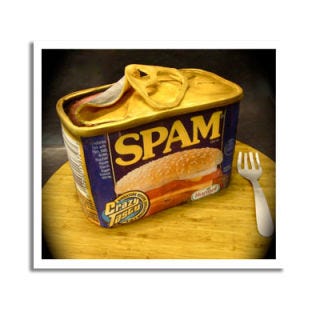 Can 'o Spam <b>Bakery:</b> <a href="http://www.bing.com/search?q=Debbie+Does+Cakes+San+Francisco&qs=n&sk=&sc=1-31&form=delish"target="_blank">Debbie Does Cakes</a>, San Francisco, CA<br /><b>Cake Challenge:</b> Hawaiian-themed birthday. Don't like Spam? No problem! This cake has the look of a gelatinous chunk of the hammy stuff, but it's (thankfully) vanilla cake with a dark chocolate ganache filling. <br /><br /><b>Bing:</b> <a href="http://www.bing.com/images/search?q=SPAM+recipes&qpvt=SPAM+recipes&FORM=Z7FD1" target="_blank">See real SPAM dishes</a> <br /><b>Search:</b> <a href="http://www.bing.com/search?q=SPAM+recipes&FORM=delish" target="_blank">SPAM recipes</a> <br /><b>Find:</b> <a href="http://www.bing.com/search?q=SPAM+chopped+pork+shoulder+meat%2C+with+ham+meat+added%2C+salt%2C+water%2C+modified+potato+starch&go=&qs=n&sk=&form=delish" target="_blank">What's in SPAM, anyway?</a>