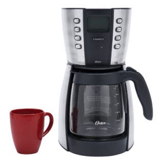 The Oster Counterforms Collection Coffeemaker 4281 ($79.99) is speedy -- you'll get a full pot in less than 10 minutes. Other pluses: a 12-cup carafe and a button that controls the strength of your brew. The faux-stainless exterior is stylish and won't show smudges, and the special cleaning cycle rinses out residue.