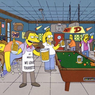 <p>Just your average dysfunctional (animated) American family, <i>The Simpsons</i> follows the trials and tribulations of Homer, Marge, Bart, Lisa, and baby Maggie in the small town of Springfield. There, Homer, father and fearless leader, works as a safety inspector at the power plant. When things get rough he drowns his sorrows at Moe's Tavern, where acerbic bartender (and former child star) Moe pulls the taps for his (few) customers.</p>

