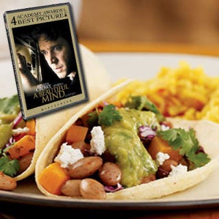 <p><i>(Best Picture, 2002)</i></p>

<p><b>Recipes: <a href="/recipefinder/bean-butternut-tacos-green-salsa-recipe" target="_blank">Bean and Butternut Tacos</a></b> (pictured)<br />
<a href="/recipefinder/sichuan-style-tofu-mushrooms-recipe" target="_blank">Sichuan-Style Tofu with Mushrooms</a><br />
<b><a href="/recipefinder/gingered-cranberry-pear-cobbler-recipe-5059" target="_blank">Gingered Cranberry-Pear Cobbler</a></b></p>

<p>John Nash (Russell Crowe) may have been born with a brilliant mind, but some of us need a little help staying sharp. Fortunately, eating foods that are rich in iron (beans, soy) and antioxidants (fruit) can help improve brain function, getting us a little closer to learning the secrets of higher math and code breaking or just remembering our best friend's birthday.</p>