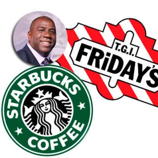 <p><b>Restaurants:</b> Magic's T.G.I. Friday's and Starbucks, Los Angeles</p><br />
<p>In 1998, former Los Angeles Laker, Earvin "Magic" Johnson teamed up with T.G.I. Friday's to bring the restaurant chain to under-served urban communities in California that might not normally benefit from these family-oriented establishments. Since then, the NBA star has expanded Magic's T.G.I. Friday's to other cities and entered into a partnership with Starbucks in effort to not only offer good coffee to the community, but to increase available job opportunities.</p>
