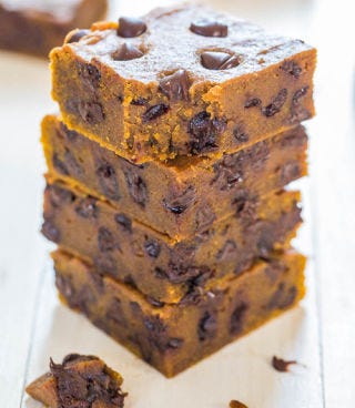 <p>Not quite a blondie, not quite a cake, these fudgy bars will keep everyone in your family happy throughout the season. </p>
<p><strong>Get the recipe at <a href="http://www.averiecooks.com/2014/09/soft-pumpkin-chocolate-chip-bars.html" target="_blank">Averie Cooks</a>.</strong></p>