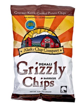 <p>Extra-thick (and extra-crunchy), <a href="http://www.akchip.com/our_chips.html#grizzly" target="_blank">Alaska Chip Company Grizzly Barbecue Chips</a> ($33 for 15 bags) will give 'em a taste of Alaska while satisfying salty-snack cravings.</p>