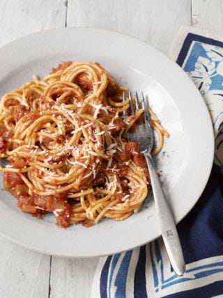 <p>Traditional pasta gets an upgrade from Jenn Louis, chef-owner of <a href="http://www.lincolnpdx.com/" target="_blank">Lincoln Restaurant</a> in Portland, Oregon, with the addition of smoky, salty bacon and zesty red onion.</p>
<p><strong>Recipe:</strong> <a href="http://www.countryliving.com/recipefinder/spaghetti-red-onion-bacon-recipe-clv1012" target="_blank">Spaghetti with Red Onion and Bacon</a></p>