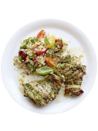 <p>Easy grilled chicken dinners equal total happiness. This quick chicken and couscous dinner gets its flavor from store-bought pesto and lively fresh lemon.</p>
<p><strong>Recipe: <a href="http://gogonow.org/recipefinder/lemon-basil-chicken-pine-nut-couscous-recipe-rbk0611%22 target="_blank">Lemon-Basil Chicken and Pine Nut Couscous</a></strong></p>
