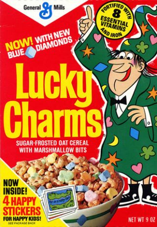 <p>Lucky Charms would eventually start adding new, limited edition charms. In 1975, the blue diamond marshmallows entered the box. Notice the oat cereal became sugar frosted, as we now know it today.</p>