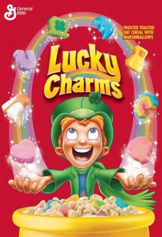 <p>Many a mallow changed during the '90s and aughts. Anyone recall the pot of gold? That mallow made a debut in '94 but was replaced by the hourglass in '08. The blue diamond and yellow moon morphed into one blue moon (signifying the "power of invisibility") in '95. The shooting star replaced the original yellow star in '98 and represents the "power to fly." And the favored four-leaf clover became Lucky's four-leaf clover hat in '04.</p>