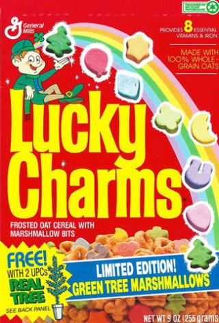 <p>Since 1989 marked the 25th birthday of Lucky Charms, red balloon marshmallows (symbolizing the "power to float") were added to the lineup. In '91, the cereal company promoted reforestation by adding <a href="http://www.youtube.com/watch?v=FE2luu3sKQE" target="_blank">tree marshmallows</a> to the mix. With two proofs of purchase, kids could receive their own tree to plant.</p>
