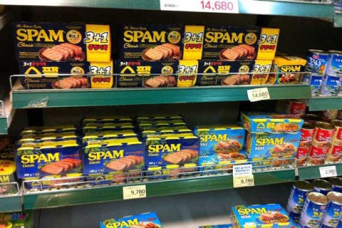 <p>Spam was served for breakfast, lunch, and dinner in the Pacific during WWII and the Korean War because fresh meat was hard to come by, and the natives quickly developed a taste for it, one that continues to this day. South Koreans consume more Spam than any other country except the U.S., it's huge in the Philippines (Hormel donated more than 30,000 pounds of it after the 2009 typhoon), each person on Guam eats on average 16 cans of it per year, and Hawaiians eat the most Spam per capita of any state in the US. It's so popular that McDonald's across the region have added it to the menus. 
</p>