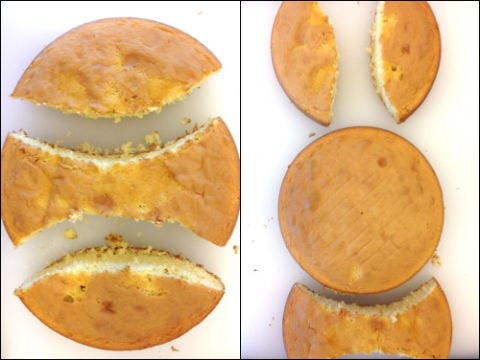 <p>Starting at 11 o'clock, cut a half moon shape out of one of the cake rounds. Repeat this step on the other side making the exact same cut, but start at 1 o'clock. Now you have two ears and a bow tie.</p>