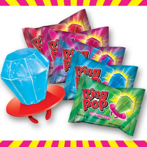 <p>Ring Pops might have the been the candy answer to the popularity of the board game Pretty Pretty Princess. If so, it was a serious upgrade — a ring pop makes for a pretty impressive rock.</p>