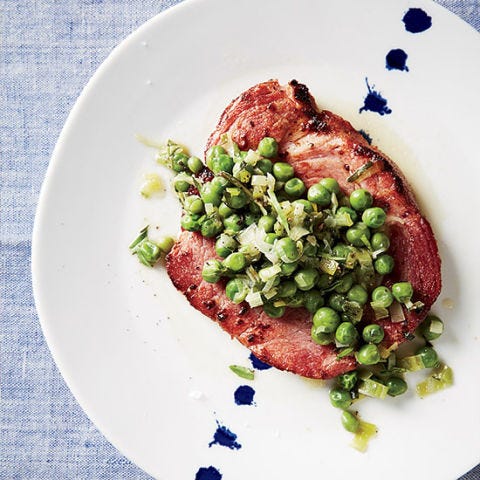 spring ham steaks with sweet pea leek pan sauce