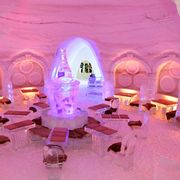 Montreal, Quebec’s Pommery Ice Restaurant at Snow Village Canada is the first of its kind in North America, combining a gourmet eating experience with extravagant ice and snow sculptures and architecture. Chef Matthieu Saunier’s dishes, like Jerusalem artichoke and cauliflower cream soup with stewed wild boar and fried artichoke ravioli; maplewood smokehouse sea trout tartare with blinis, yuzu, and tobiko mayo; and Cornish game hen stuffed with morels, make the edible experience just as enthralling as the visuals.