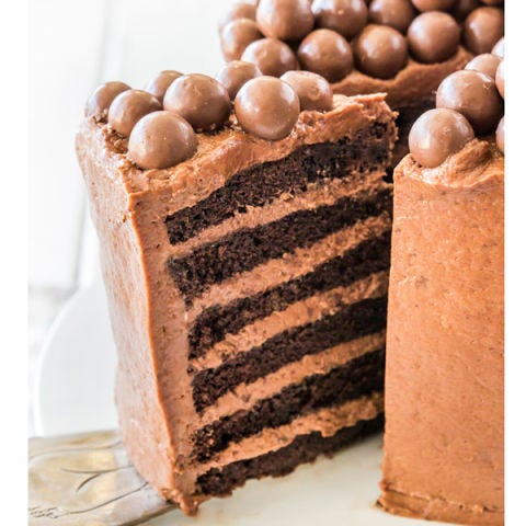 <p>Get your big-girl spoon ready to cut through six layers of moist chocolate sponge cake packed between thick layers of chocolate mousse icing. Oh. My. God.</p>
<p>Get the recipe at <a href="http://www.raspberricupcakes.com/2013/11/chocolate-mousse-layer-cake.html" target="_blank">Raspberri Cupcakes</a>.</p>