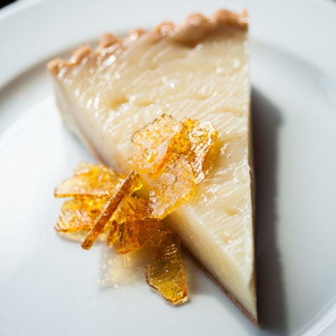 <p><strong>Vinegar pie with salt brittle, $9</strong><br /><span>Initially discovered by chef Chris Shepherd in</span><em>Hillbilly Cookin'</em><span> (written in 1968), this tangy pie is now a signature dessert at his Southern eatery. To update the decades-old recipe, pastry chef Victoria Dearmond trades a standard crust for traditional tart dough, and uses cane vinegar and double strength apple cider for the filling. Crunchy caramel brittle dusted with Galveston sea salt is sprinkled on top. "I wasn't sure what to put with the pie because of the different flavors and textures," Dearmond says. "I used salt-and-vinegar potato chips as my inspiration." </span><em><a title="Underbelly" href="http://www.underbellyhouston.com/" target="_blank">underbellyhouston.com</a></em></p>