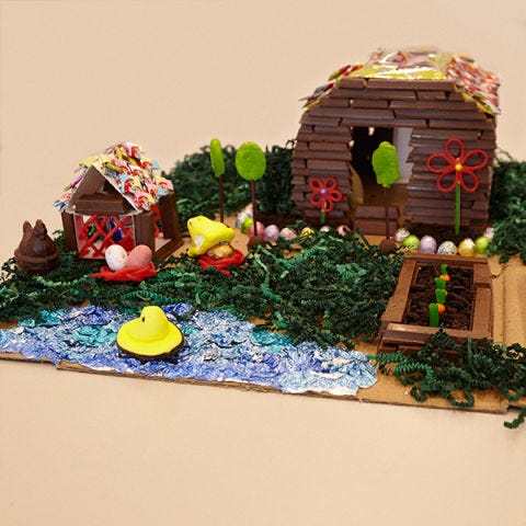 <p>Our marshmallow and chocolate bunnies have set up a log cabin with farm grounds for growing their own food. Chocolate and marshmallow chicks are also welcome on the grounds and have their own chicken coop.</p>