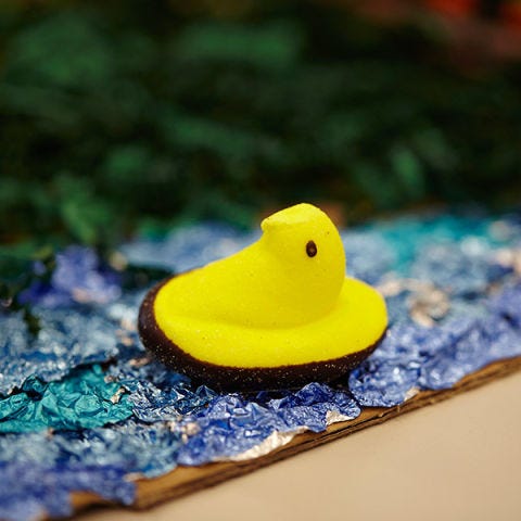 <p>No bunny manor would be complete without a pond on the grounds. This Peep comes pre-dipped with a chocolate life preserver, so he's been spending a lot of time in the water.</p>