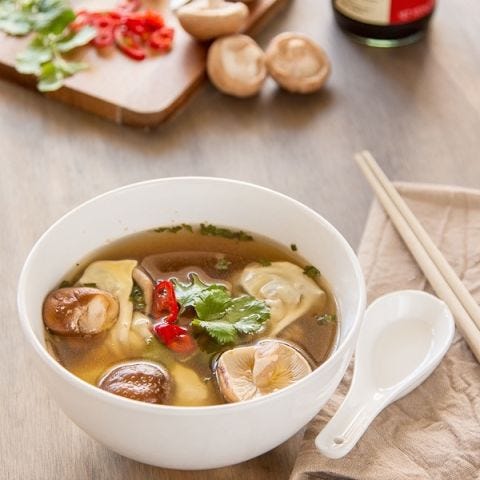 <p>Even hardcore meat lovers will eagerly dig into this hearty vegetarian soup. Mushrooms give broth a rich depth that will challenge everything you thought you knew about veggie soups.</p>
<p><strong>Get the recipe from <a href="http://www.deliciouseveryday.com/mushroom-dumplings-ginger-shiitake-broth/" target="_blank">Delicious Everyday</a>.</strong></p>