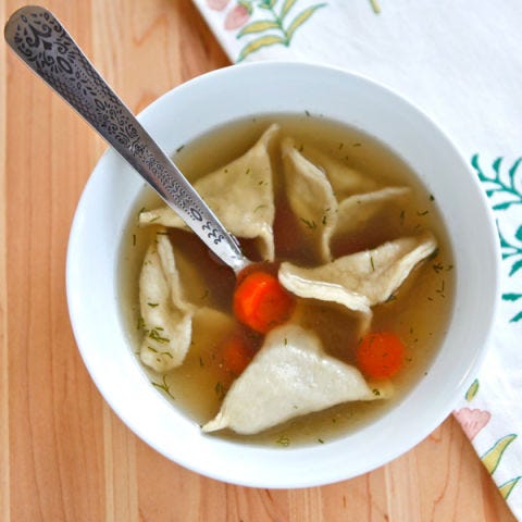 <p>A bowl of this traditional Jewish soup probably inspired the phrase "chicken soup for the soul." Hearty, warming, and made with love, this is the stuff that will banish cold weather blues.</p>
<p><strong>Get the recipe from <a href="http://toriavey.com/toris-kitchen/2012/03/chicken-kreplach/" target="_blank">Tori Avey</a>.</strong></p>
