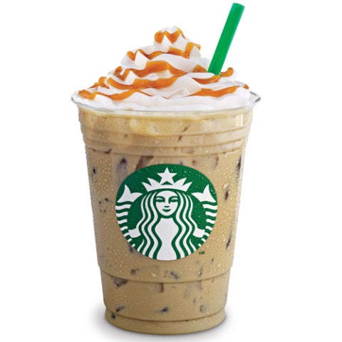 A shot of espresso mixed with a touch dulce de leche and milk, topped off whipped cream and caramel syrup.
